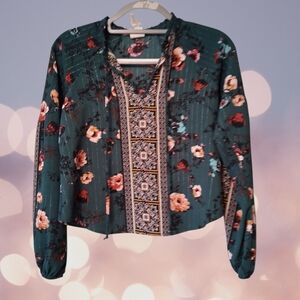 Self Esteem Women's Long Sleeve Floral Semi Sheer Blouse Size XS Cropped